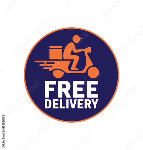 A circular badge depicting a scooter delivering packages with a free delivery message
