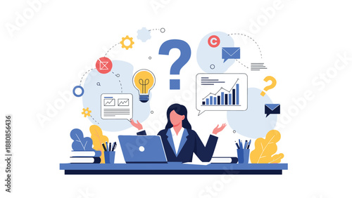 Stressed businesswoman sitting at her desk feeling overwhelmed by a high volume of data reports, emails, and complex questions at work.