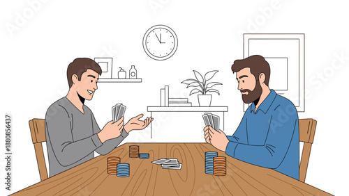 Two male friends sitting at a wooden table while playing a competitive game of poker with cards and colored chips in a relaxed home setting.