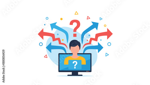 Man sitting at a computer desk facing complex career or life choices symbolized by multiple diverging arrows and question marks.