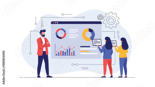 Business analysts reviewing corporate performance indicators and interactive data charts on a large digital dashboard screen in a meeting.