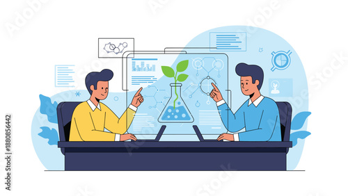Two scientists collaborating on biotechnology research while examining plant growth and chemical formulas on a transparent digital screen.