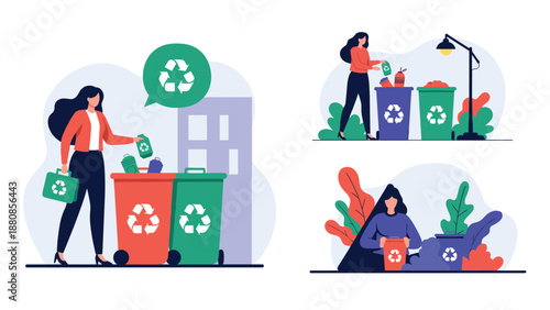 Set of illustrations showing environmentally conscious women sorting domestic waste into color-coded recycling bins for sustainable living.
