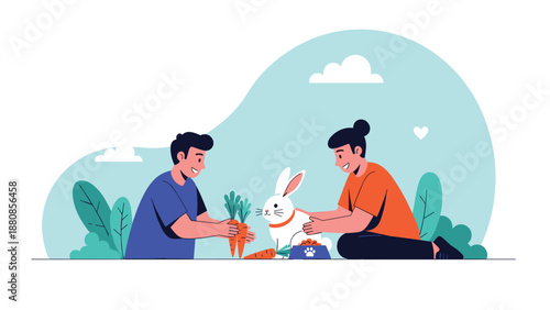 Two happy children sitting outdoors on the grass and feeding a cute white rabbit with fresh carrots in a peaceful garden on a sunny day.