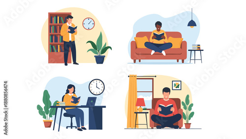 Various scenes of people enjoying their leisure time by reading books in different indoor settings like the living room and home office.