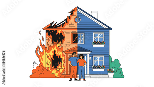 Conceptual image of a house split between a devastating fire and a safe blue structure with a couple standing outside for insurance.