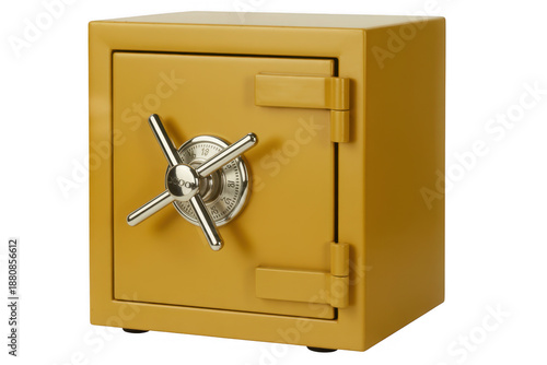 Yellow safe with silver dial and handle combination lock isolated on a transparent background