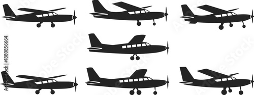 Small propeller airplane silhouette set showing multiple light aircraft side views, private aviation and general aviation plane icons, black vector illustration isolated on white background