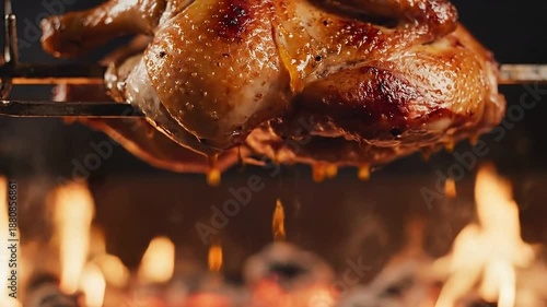 Roasted chicken rotating on rotisserie, street food cooking