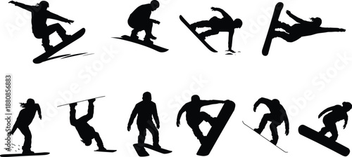 Snowboarder action silhouette illustration set showing jumps, tricks and dynamic winter sport poses, extreme snowboarding movement collection, outdoor adventure and freestyle sport concept,