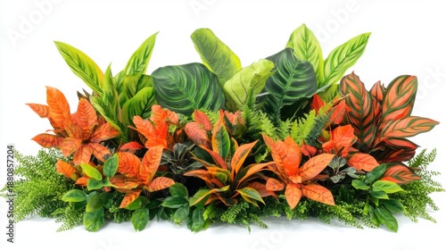 Arrangement of orange and green plants with varied leaf shapes and sizes displayed against a plain white backdrop in a horizontal composition