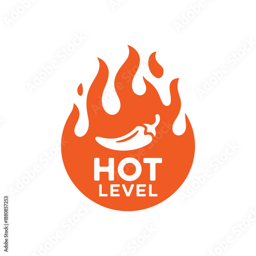 Fiery chili pepper icon with flames and the text hot level displayed