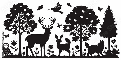Silhouette scene featuring deer rabbit fox and birds among trees