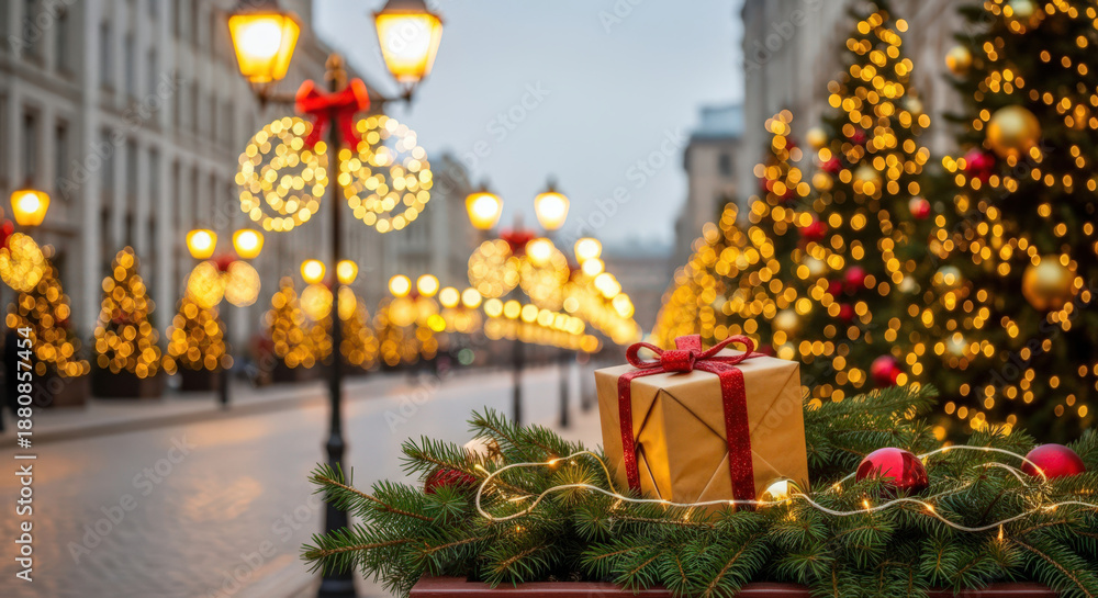 Obraz premium Festive Cityscape with Gift and Lights A Charming Urban Scene Featuring a Wrapped Present Amidst Garland and Illuminated Street Lamps Creating a Warm and Inviting Atmosphere