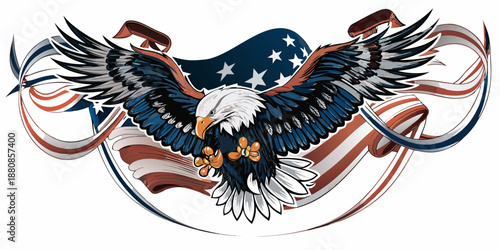 An american bald eagle with spread wings before a patriotic flag backdrop