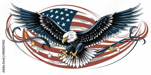 A majestic bald eagle with outstretched wings before an american flag background