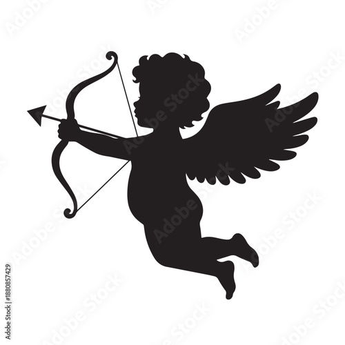 "Flying Cupid Silhouette with Bow and Arrow – Watercolor Valentine Vector"