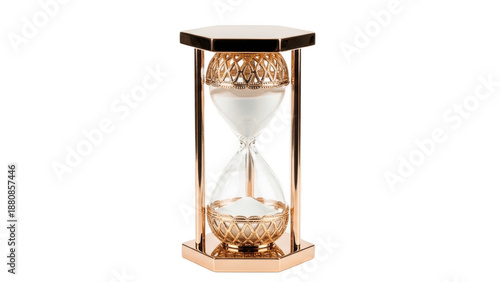 Luxury rose gold hourglass timer with clear glass and white sand, decorative desk accessory symbolizing time, mindfulness and elegant home or office decor

