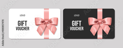 3d realistic gift cards with a ribbon bow. Gift Certificate Template, Sale Card, Birthday, Christmas	