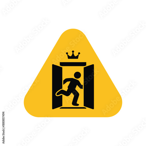 Caution Running figure silhouette inside an open doorway with a crown above