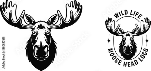 Moose head logo illustration set isolated on white background, bold wildlife emblem design for branding, outdoor, hunting, and nature themed projects