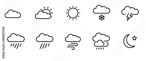 A collection of simple weather icons illustrating different atmospheric conditions
