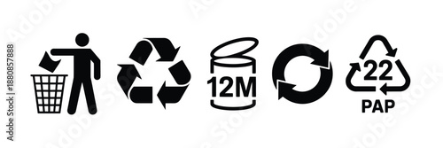 Recycling symbols and public service icons indicating waste disposal guidance