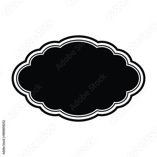 A black label with a decorative white border with a cloud like shape