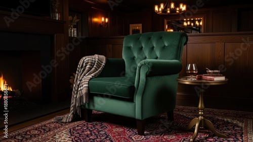 A cozy living room with a green velvet armchair, a fireplace, and a wooden table with a glass of wine.