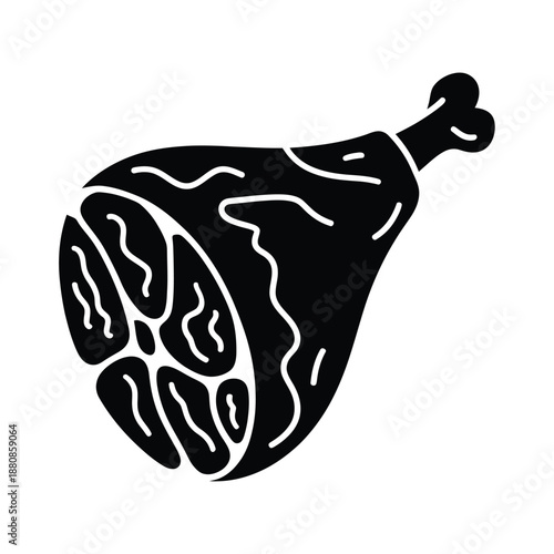 Simple black and white illustration of a single stylized meat leg or ham