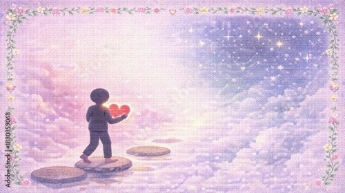 Emotional bravery knitting pattern, Fair Isle knitting pattern of Minimal silhouette of a figure holding a trembling heart while stepping into unknown mist, Valentine toned fog transforming 