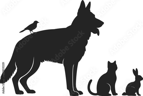 Silhouette depiction of a german shepherd cat rabbit and a small bird