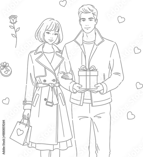 Stylish couple standing together for a loving moment while the man offers a nicely wrapped gift box and the woman holds a shopping bag, perhaps celebrating romance.