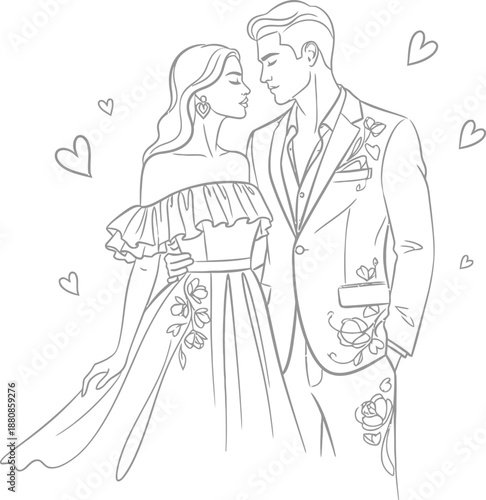 Elegant line art illustration depicting a romantic couple sharing an intimate gaze surrounded by floating heart shapes suggesting deep affection and eternal love