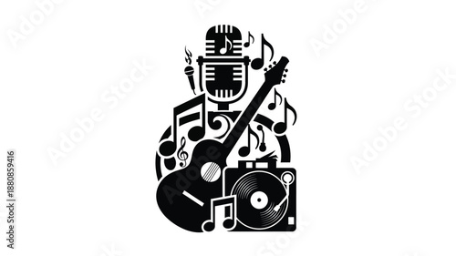 Musical instruments and notes forming a dynamic composition silhouette