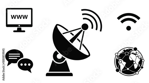 Connectivity icons depicting global network satellite and communication silhouette