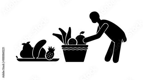 A silhouette of a person placing bread and fruits into a wicker basket for donation.