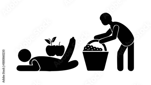 A silhouette of a person placing bread and fruits into a wicker basket for donation.