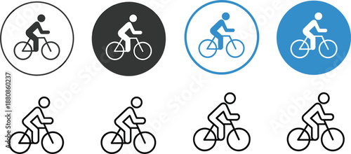 Bicycle Rider Icons in Circular and Outline Styles with Black, White, and Blue Color Options symbol cycling