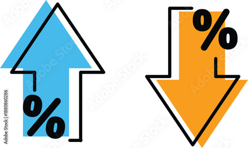 Percentage increase and decrease arrows icon set showing growth and decline trends for finance, business analytics, statistics, profit loss, inflation, discount and market comparison