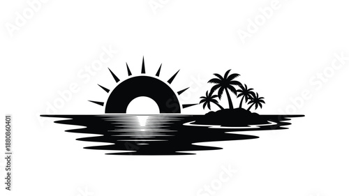 Tropical island with palm trees and a setting sun striking silhouette