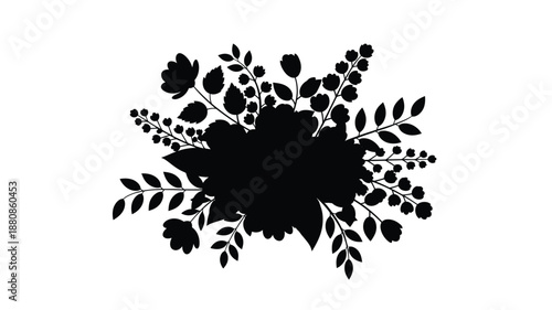 Floral arrangement with leaves and blossoms in a stark black silhouette