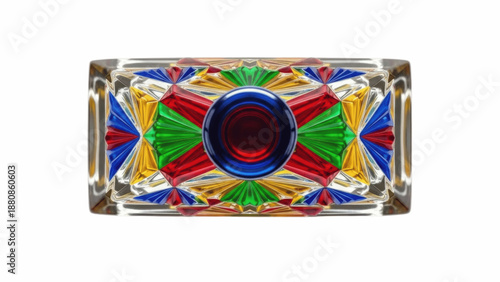 Vibrant multicolor cut crystal decorative block with geometric pattern and central blue red circle, luxury glass art piece for home, office or gifting

