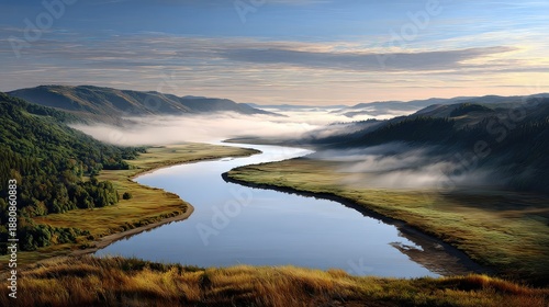 Stylized Landscape of a Winding River in a Foggy Mountain Valley