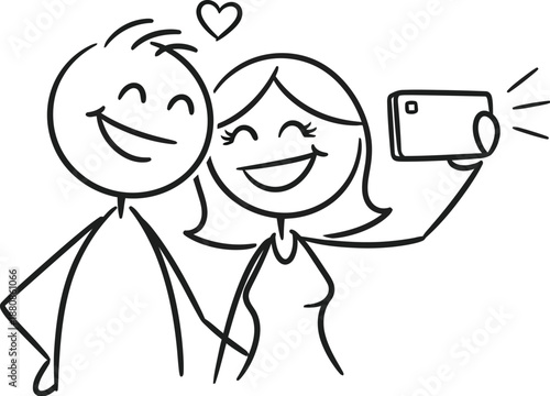 Simple black and white stick figure drawing depicts a happy couple taking a joyful selfie together with a mobile phone device.