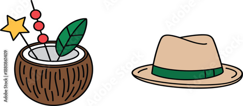 Tropical summer vacation vector set with coconut drink cocktail, straw hat and exotic party element