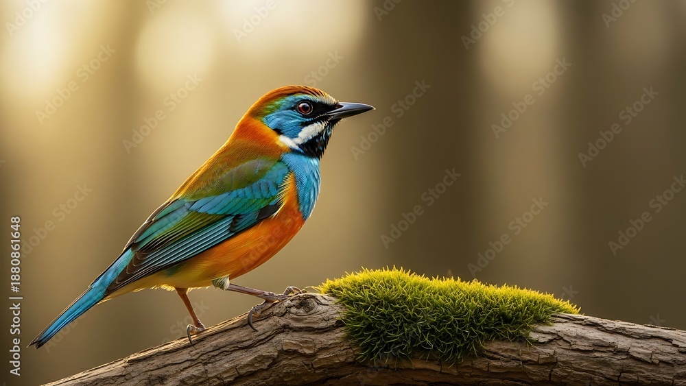 Obraz premium Vibrant blue-breasted bee-eater perched on a mossy branch