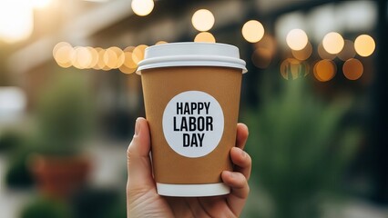 A hand holding a happy labor day coffee cup outdoors