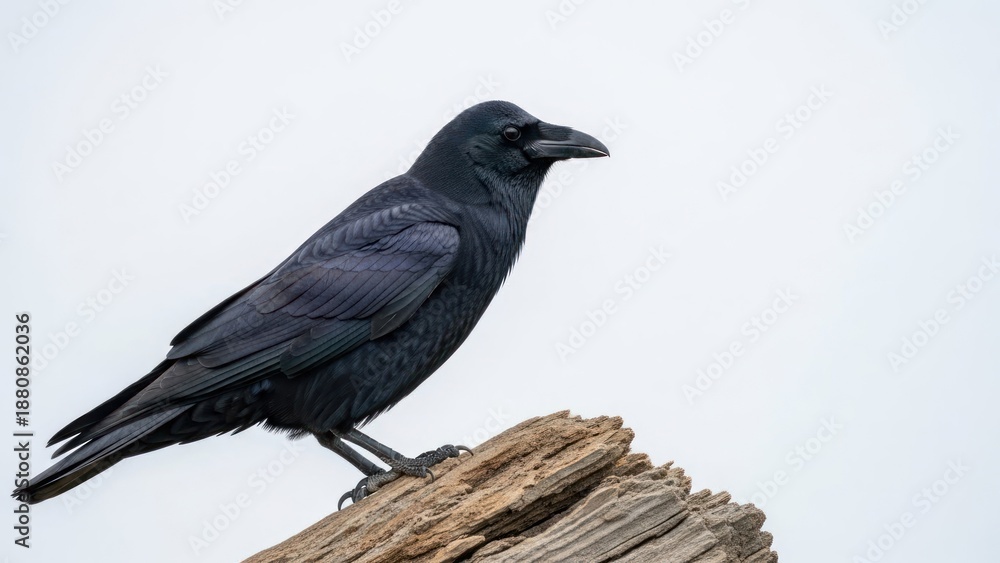 Fototapeta premium A black crow perched on a wooden post against a plain background.