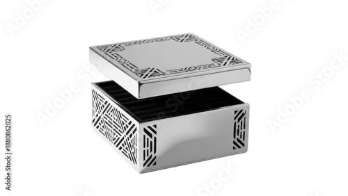 Modern polished silver storage box with geometric cutout pattern and removable lid, elegant decorative container for jewelry, keepsakes or desk essentials

